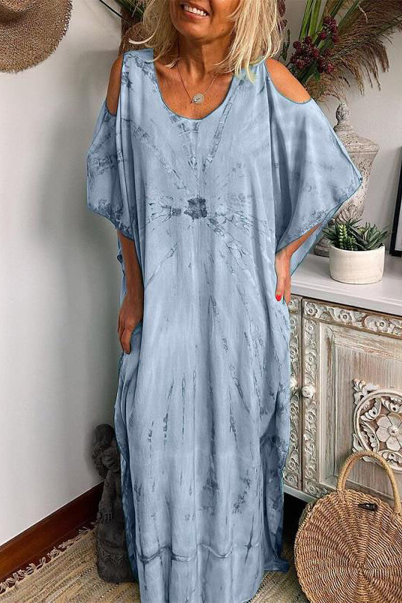 Kaynafashions - Casual Tie Dye Patchwork O Neck Short Sleeve Dress Dresses(4 Colors)