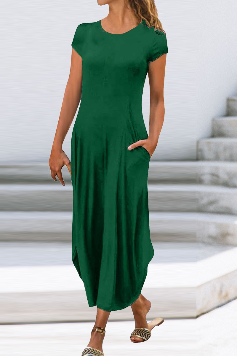 Kaynafashions - Casual Solid Patchwork O Neck Straight Dresses(6 colors)