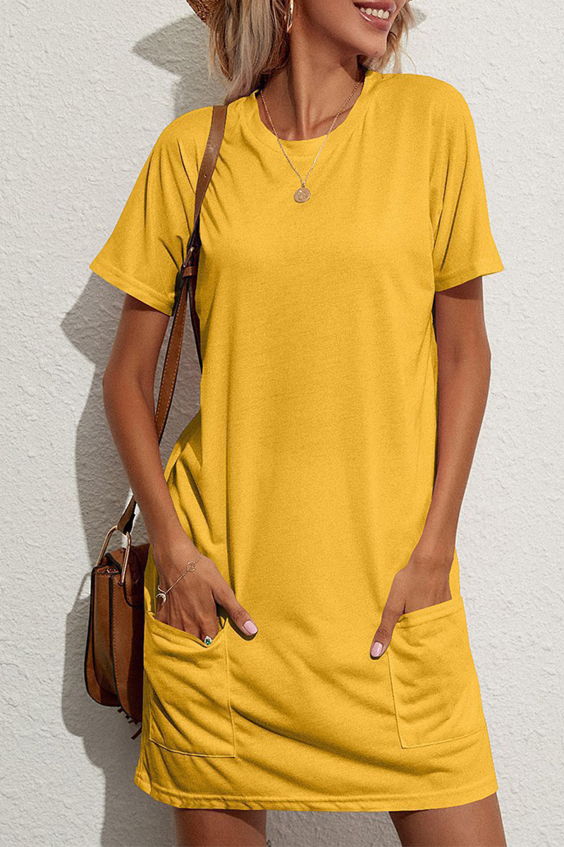 Kaynafashions - Fashion Solid Patchwork O Neck Straight Dresses(3 colors)