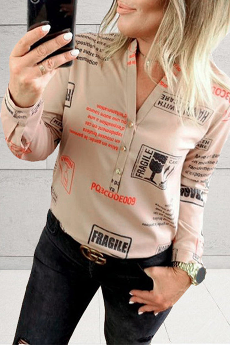 Kaynafashions - Casual Street Letter Print Patchwork V Neck Blouses(3 Colors)