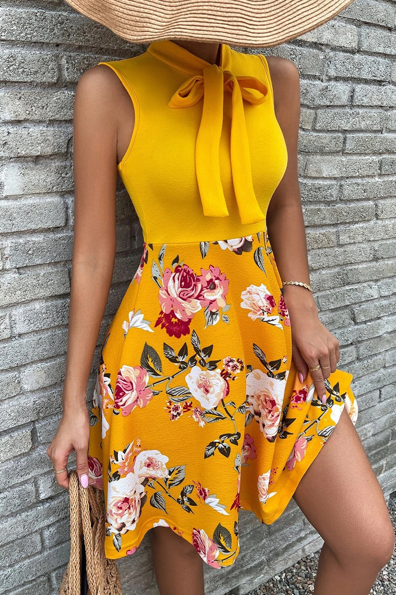 Kaynafashions - Sweet Elegant Print Patchwork With Bow O Neck A Line Dresses(5 Colors)