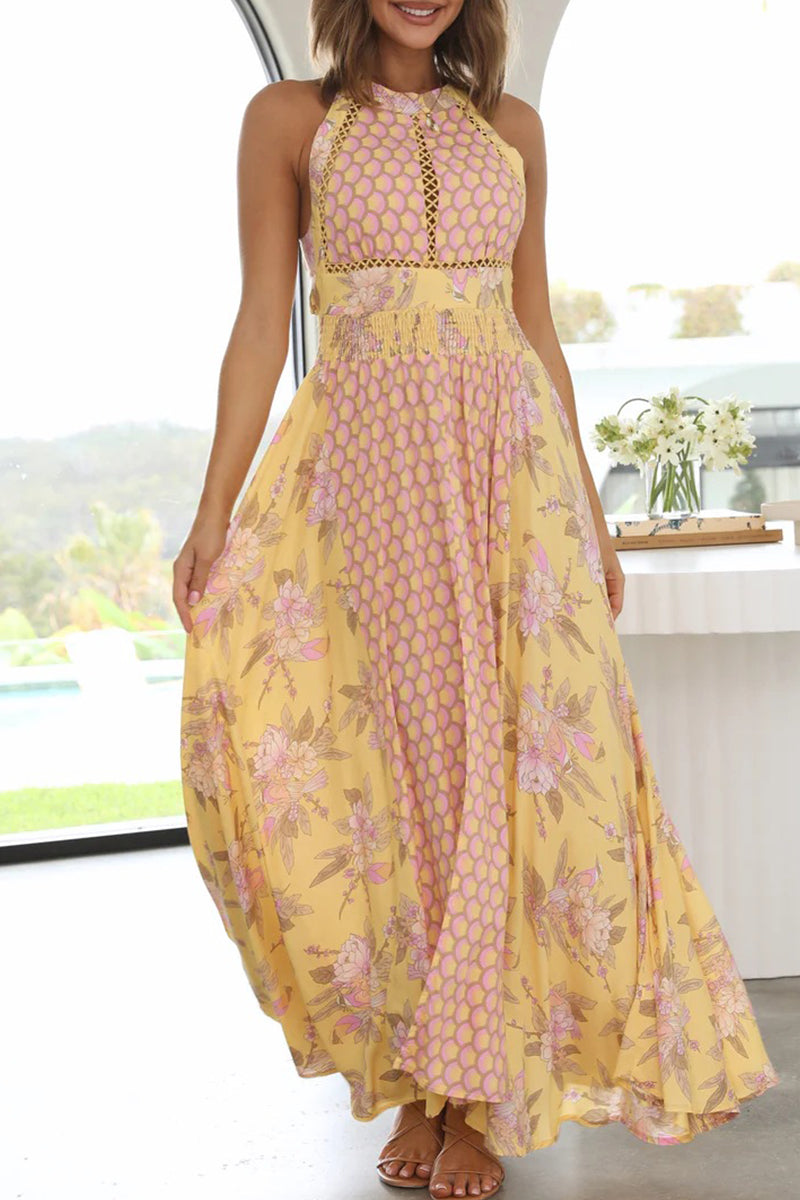 Kaynafashions - Sweet Elegant Geometric Lace Frenulum Halter Waist Skirt Dresses