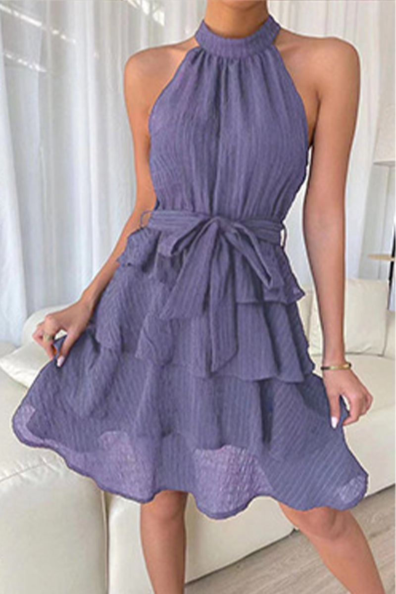 Kaynafashions - Casual Solid Patchwork Halter Cake Skirt Dresses(3 Colors)