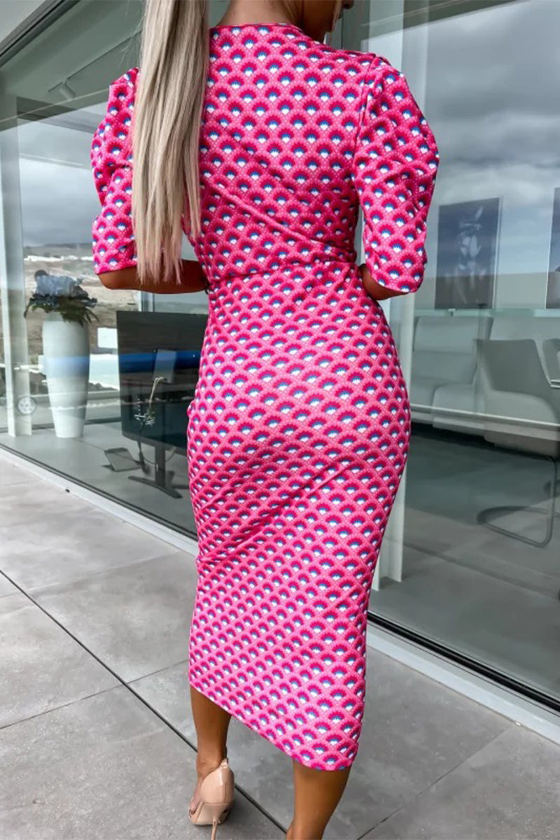 Kaynafashions - Work Elegant Print Patchwork V Neck One Step Skirt Dresses(3 Colors)