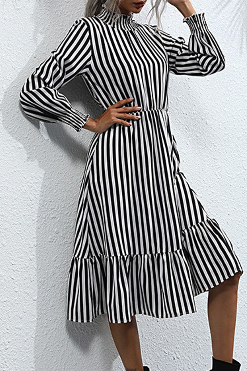 Kaynafashions - Sweet Elegant Striped Printing Stringy Selvedge Turtleneck A Line Dresses(4 Colors)