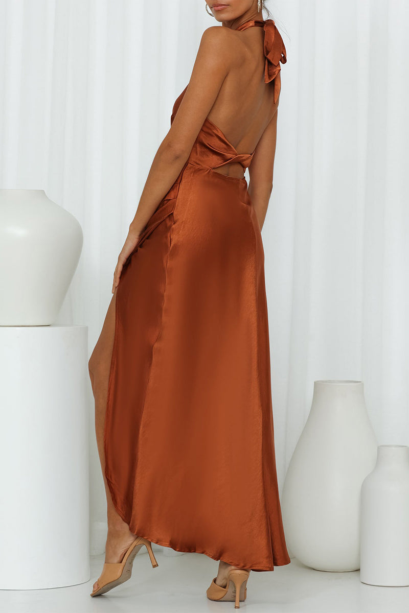 Kaynafashions - Celebrities Elegant Solid Frenulum Slit Halter Sleeveless Dress Dresses