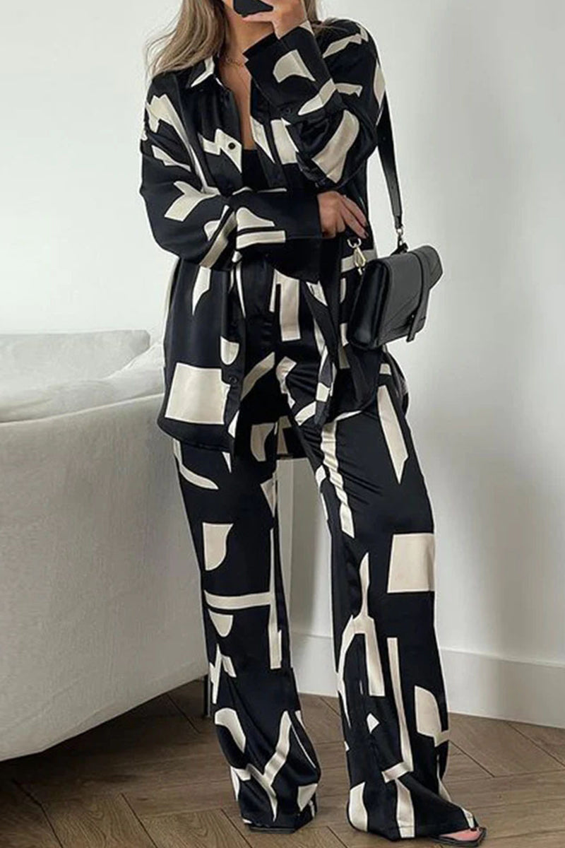 Kaynafashions - Casual Geometric Print Patchwork Turndown Collar Long Sleeve Two Pieces