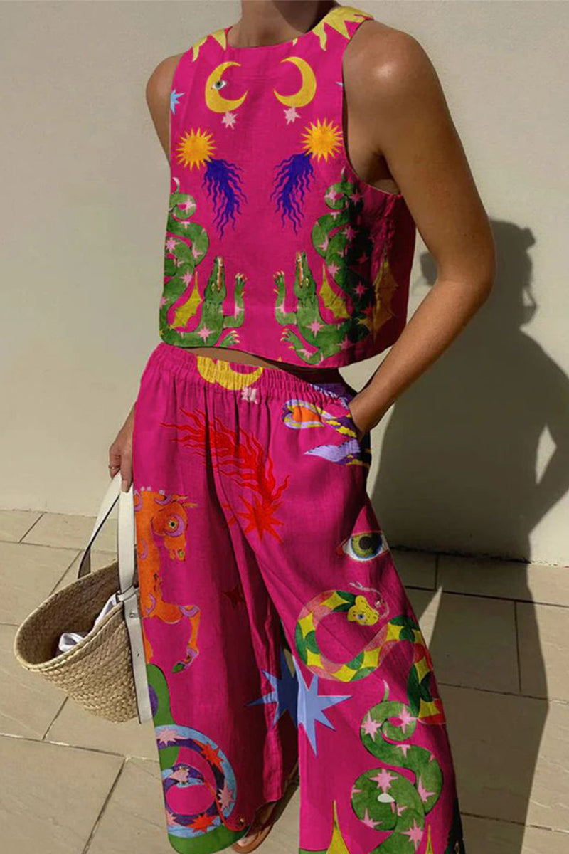 Kaynafashions - Casual Print Pocket O Neck Sleeveless Two Pieces(7 Colors)