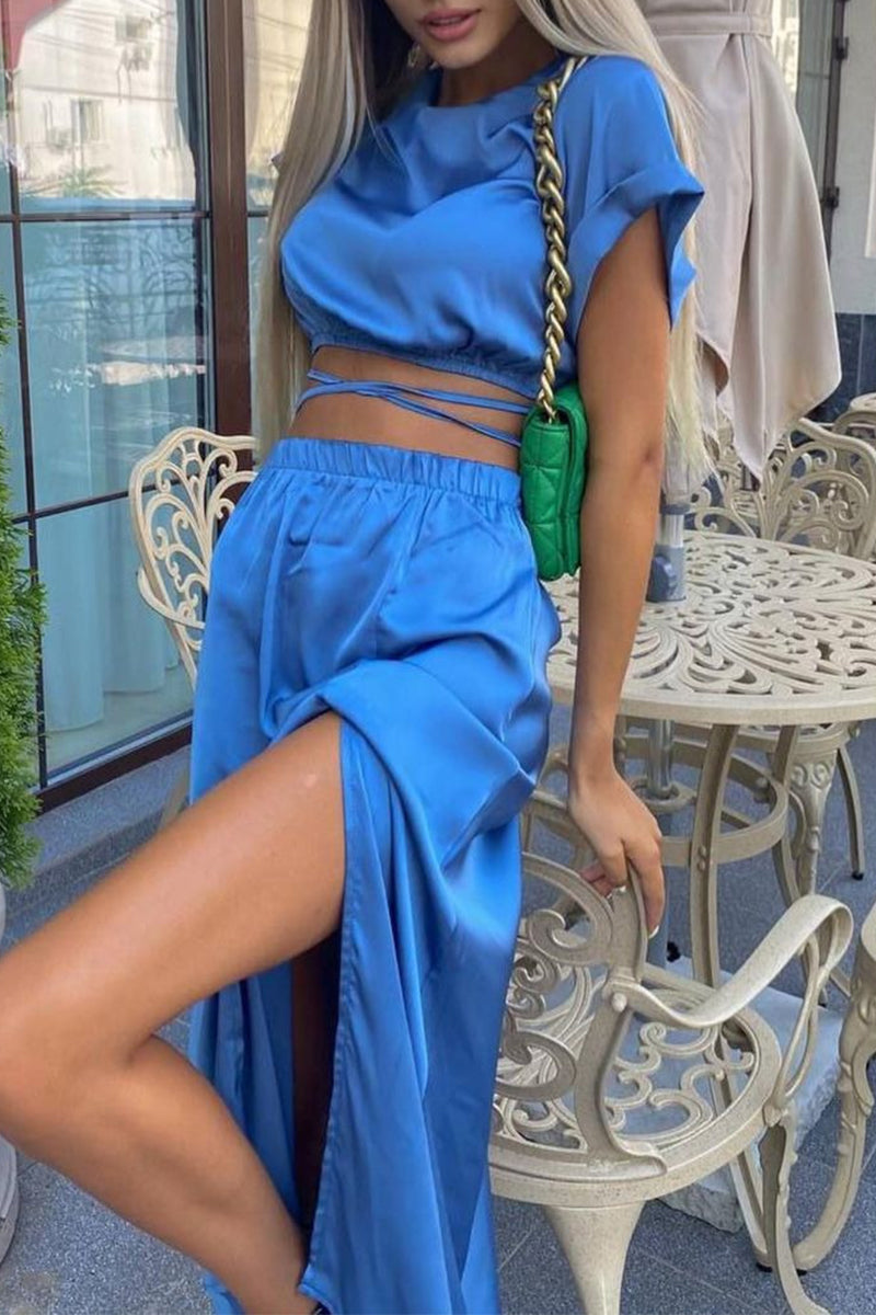 Kaynafashions - Sexy Solid Frenulum Slit O Neck Short Sleeve Two Pieces