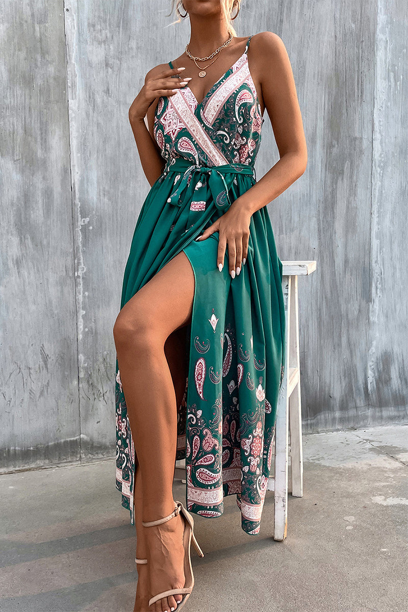 Kaynafashions - Bohemian College Print Cardigan V Neck Sling Dress Dresses