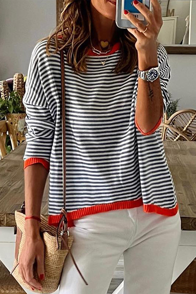 Kaynafashions - Casual Striped Contrast O Neck Tops