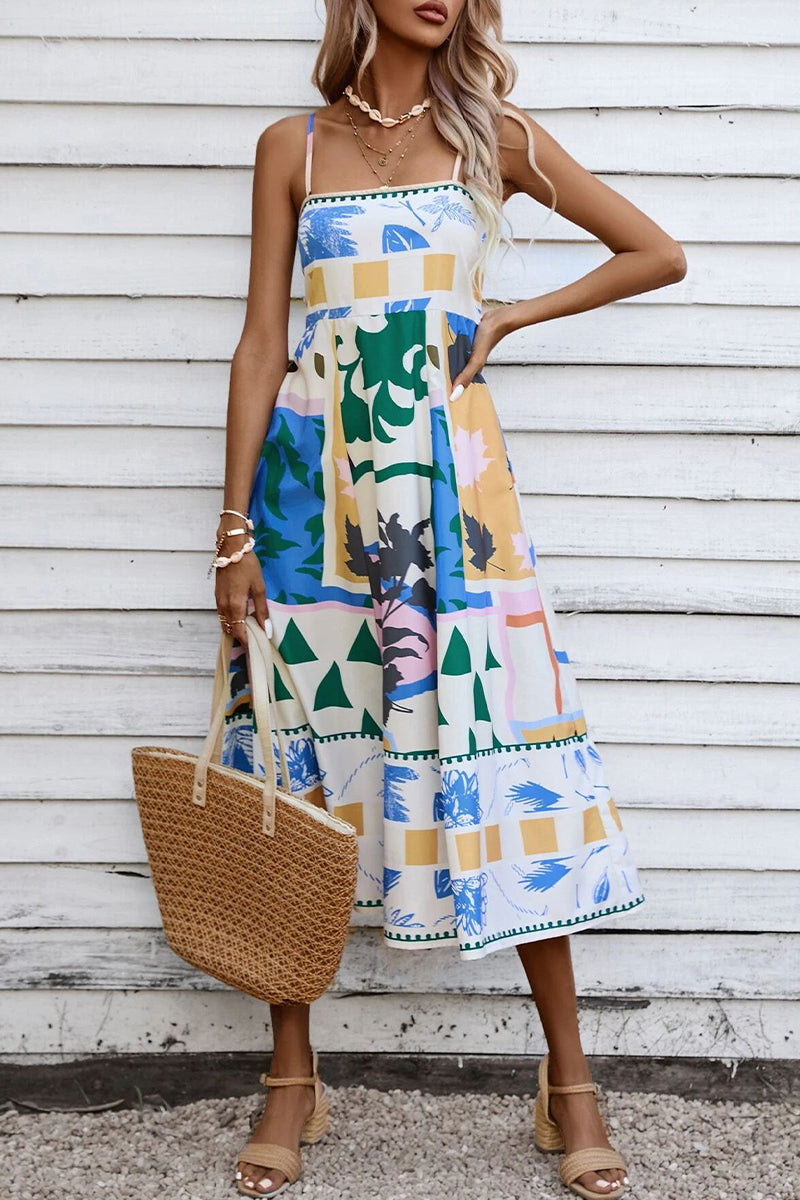 Kaynafashions - Sexy Print Patchwork Square Collar Sling Dress Dresses(3 Colors)