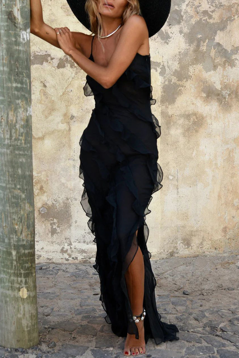 Kaynafashions - Sexy Celebrities Solid Flounce Slit V Neck Sling Dress Dresses
