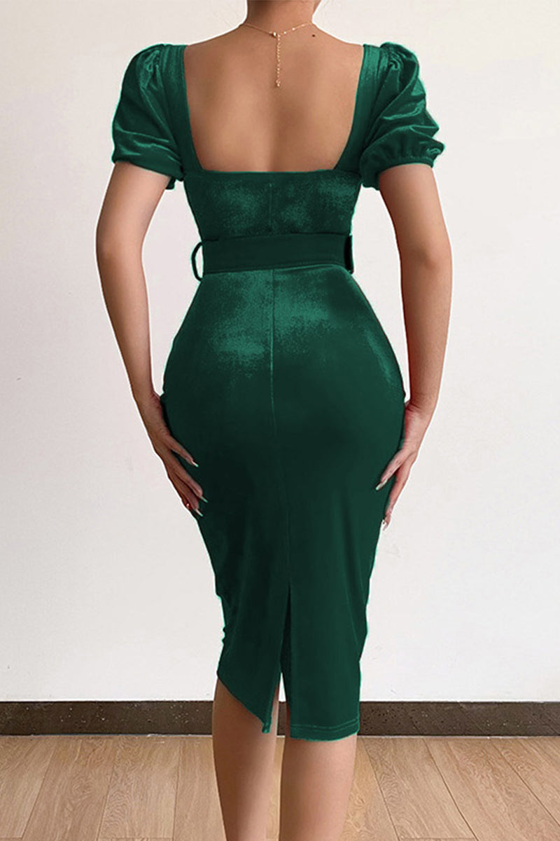 Kaynafashions - Elegant Solid With Belt Asymmetrical V Neck One Step Skirt Dresses(7 Colors)