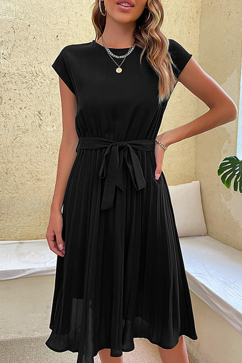 Kaynafashions - Elegant Solid Frenulum Fold O Neck Pleated Dresses