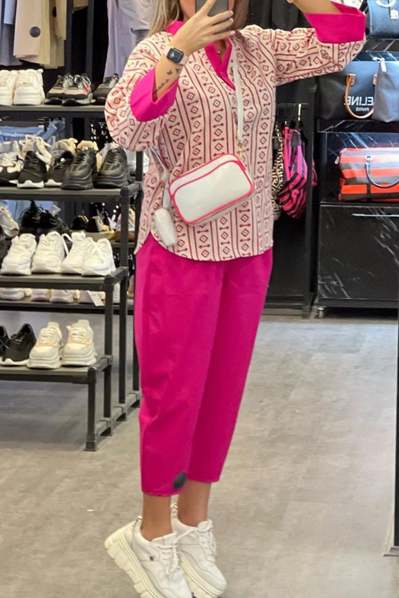 Kaynafashions - Casual Geometric Printing Half A Turtleneck Long Sleeve Two Pieces