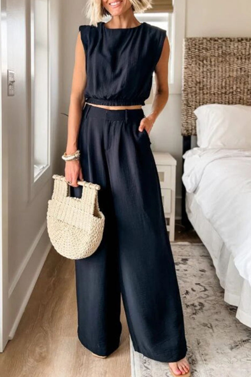 Kaynafashions - Casual Solid Pocket O Neck Sleeveless Two Pieces