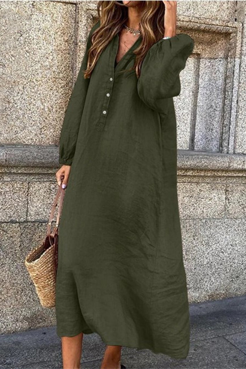 Kaynafashions - Casual Solid Buttons V Neck Long Sleeve Dresses(4 Colors)