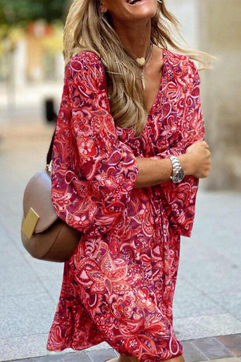 Kaynafashions - Casual Print Patchwork V Neck Cake Skirt Dresses
