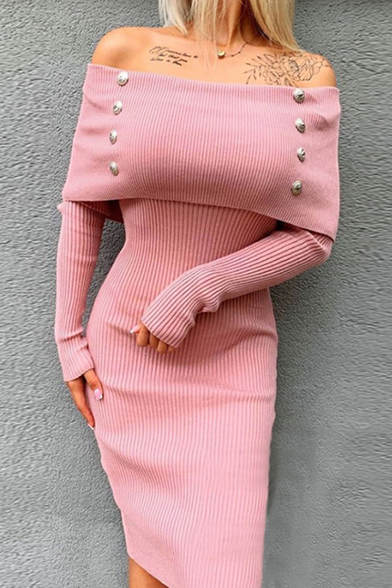 Kaynafashions - Sweet Elegant Solid Buttons Off the Shoulder One Step Skirt Dresses