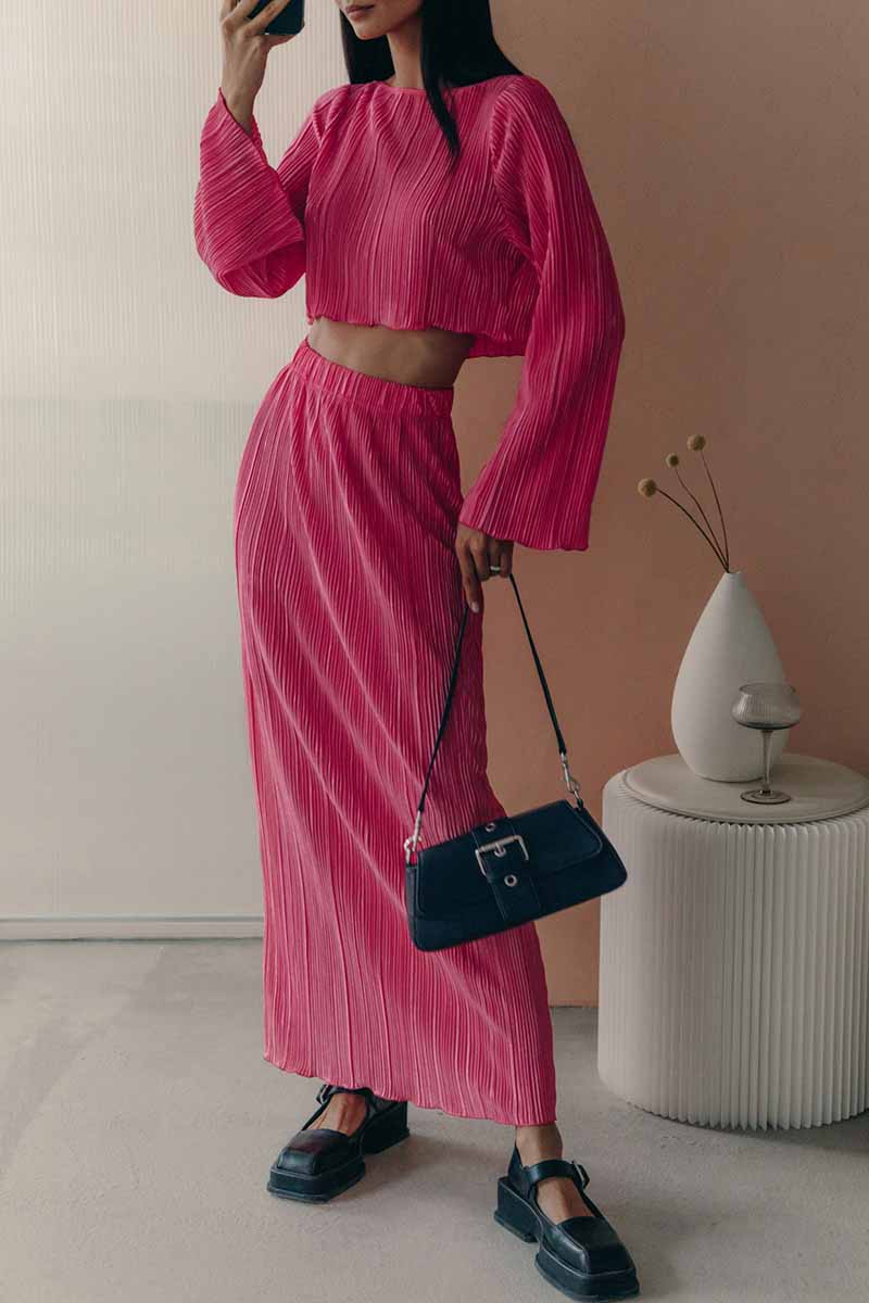 Kaynafashions - Casual Solid Stringy Selvedge O Neck Long Sleeve Two Pieces