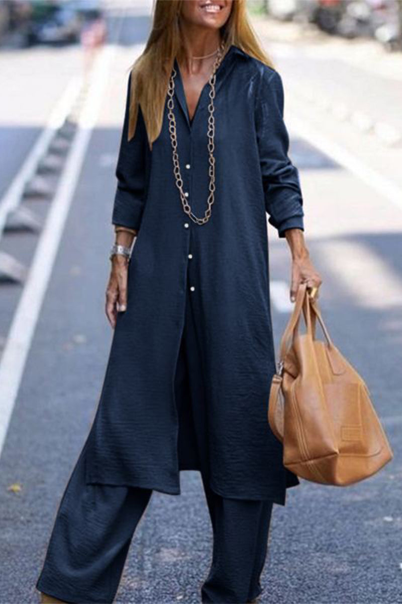 Kaynafashions - Casual Solid Buttons Turndown Collar Long Sleeve Two Pieces(3 Colors)