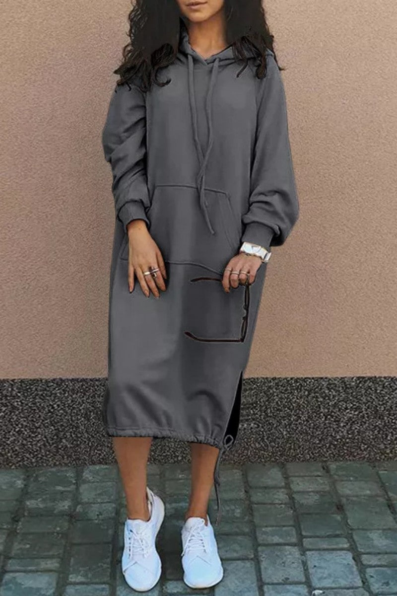Kaynafashions - Casual Solid Patchwork Hooded Collar Long Sleeve Dresses