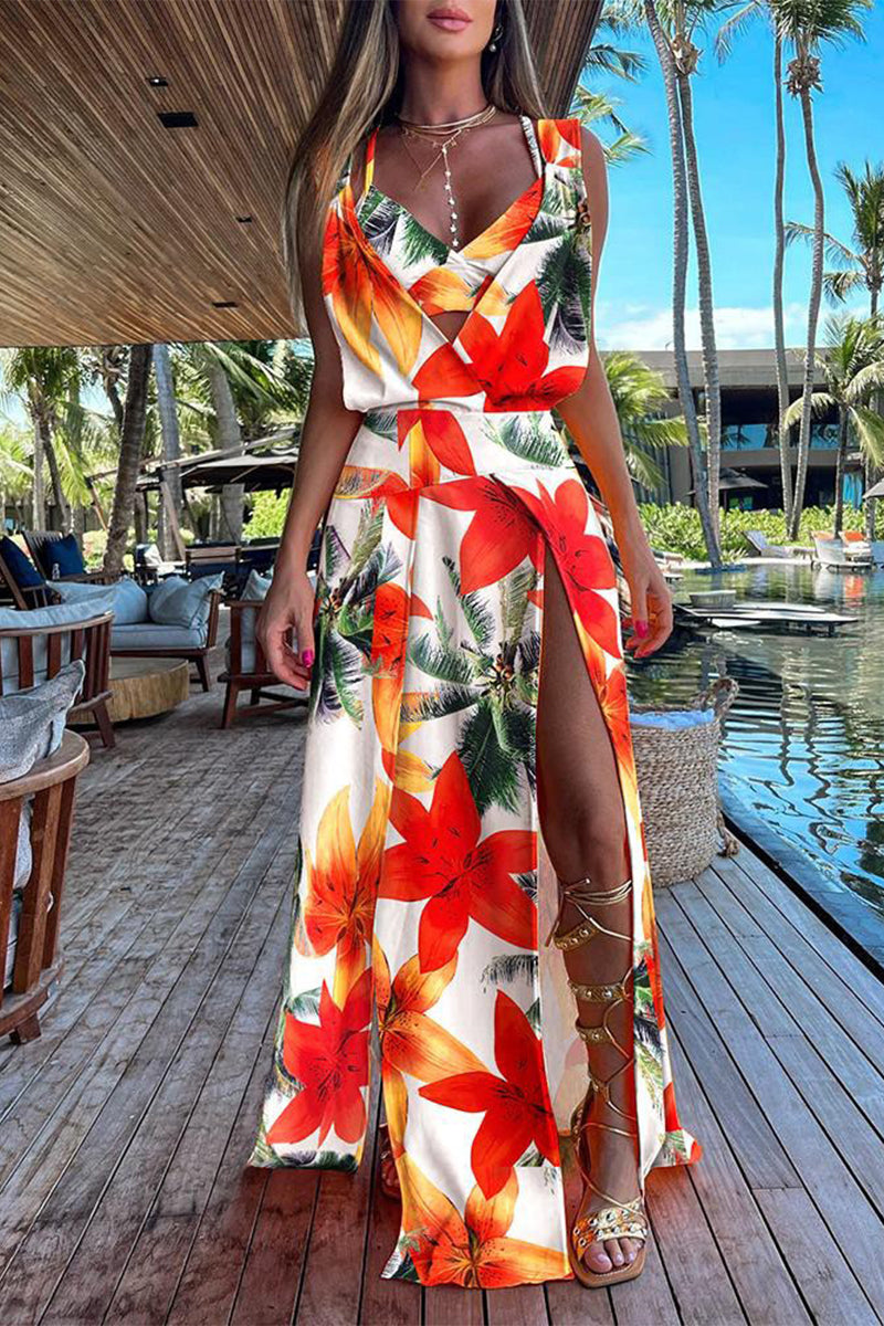 Kaynafashions - Casual Vacation Print Patchwork Frenulum V Neck Sleeveless Two Pieces(6 Colors)