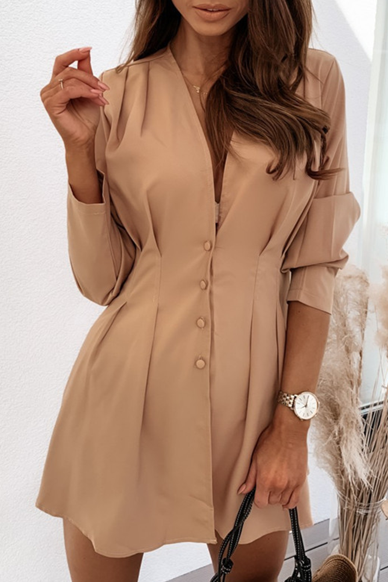 Kaynafashions - Casual Solid Patchwork V Neck Shirt Dress Dresses(4 Colors)