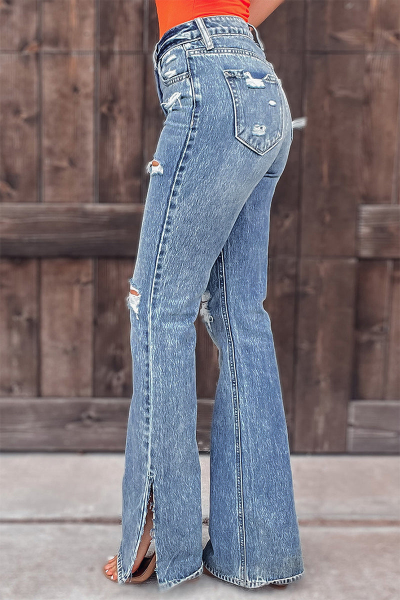 Kaynafashions - Street Solid Ripped Mid Waist Straight Denim Jeans