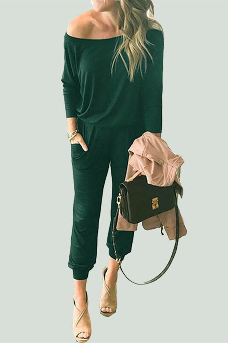 Kaynafashions - Casual Solid Pocket Oblique Collar Regular Jumpsuits