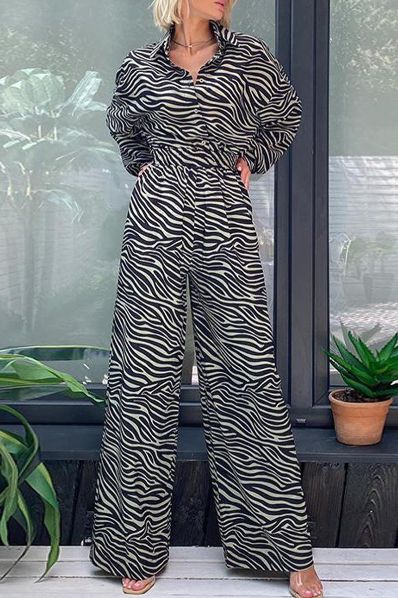 Kaynafashions - Casual Print Printing Turndown Collar Loose Jumpsuits