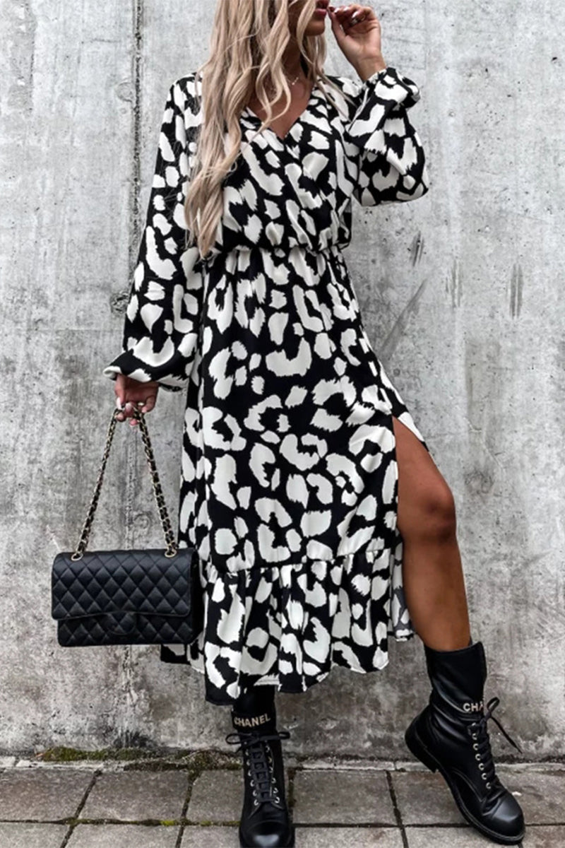 Kaynafashions - Elegant Leopard Printing V Neck Irregular Dress Dresses