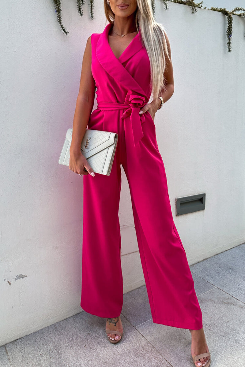 Kaynafashions - Casual British Style Solid Pocket Frenulum V Neck Regular Jumpsuits(4 Colors)