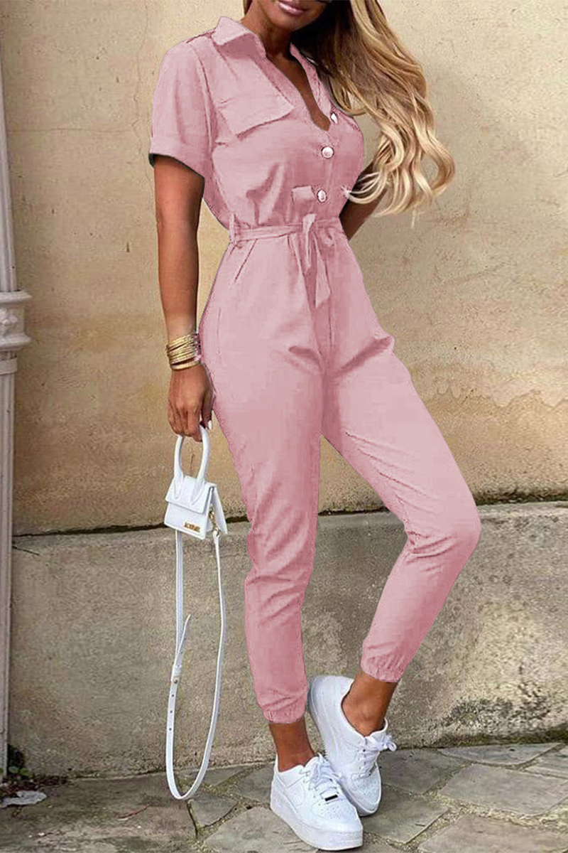Kaynafashions - Casual Daily Solid Frenulum With Belt Turndown Collar Regular Jumpsuits(10 Colors)