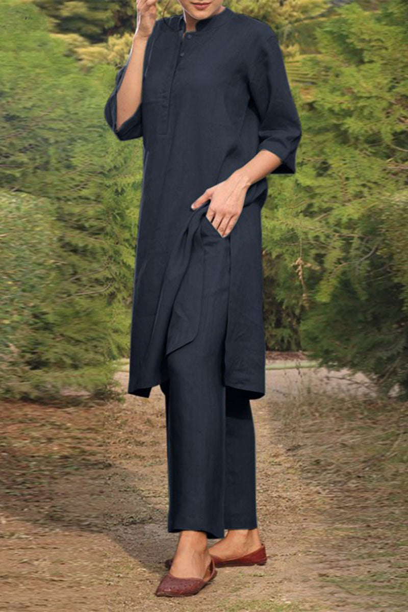 Kaynafashions - Casual Solid Pocket O Neck Long Sleeve Two Pieces