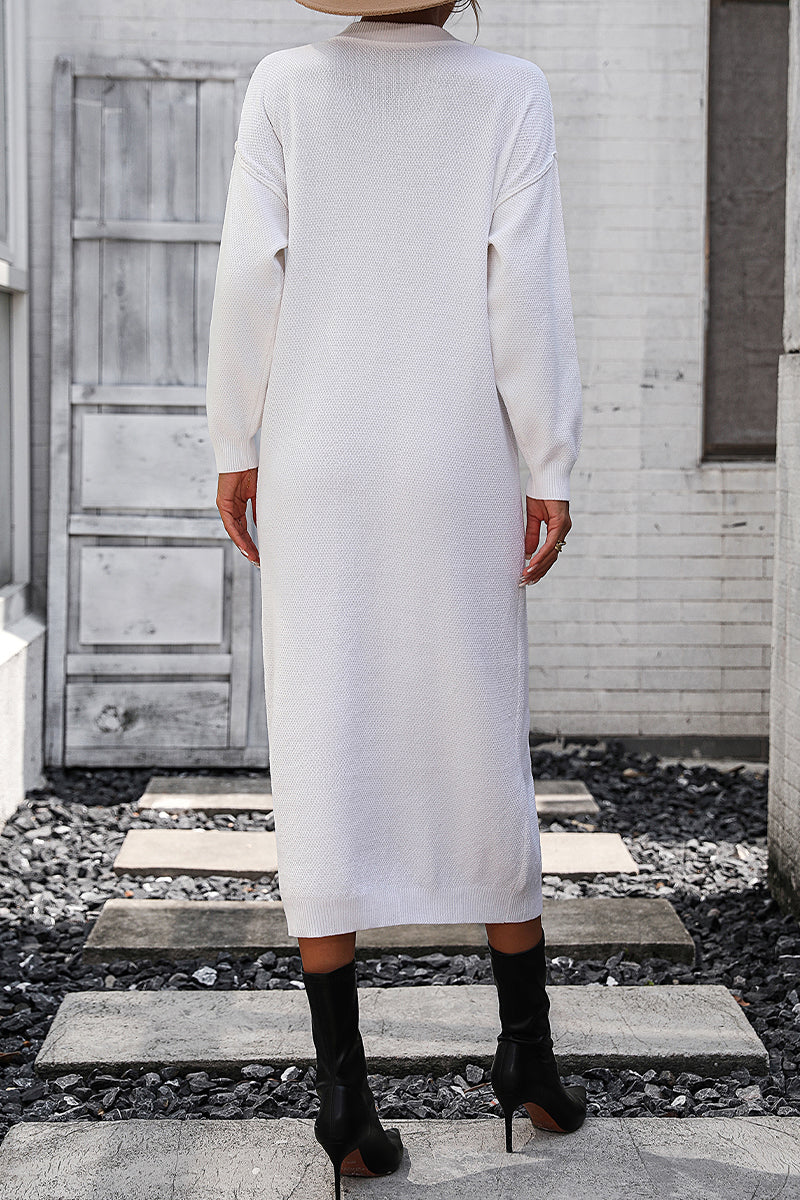 Kaynafashions - Elegant Solid Buckle O Neck Long Sleeve Dresses