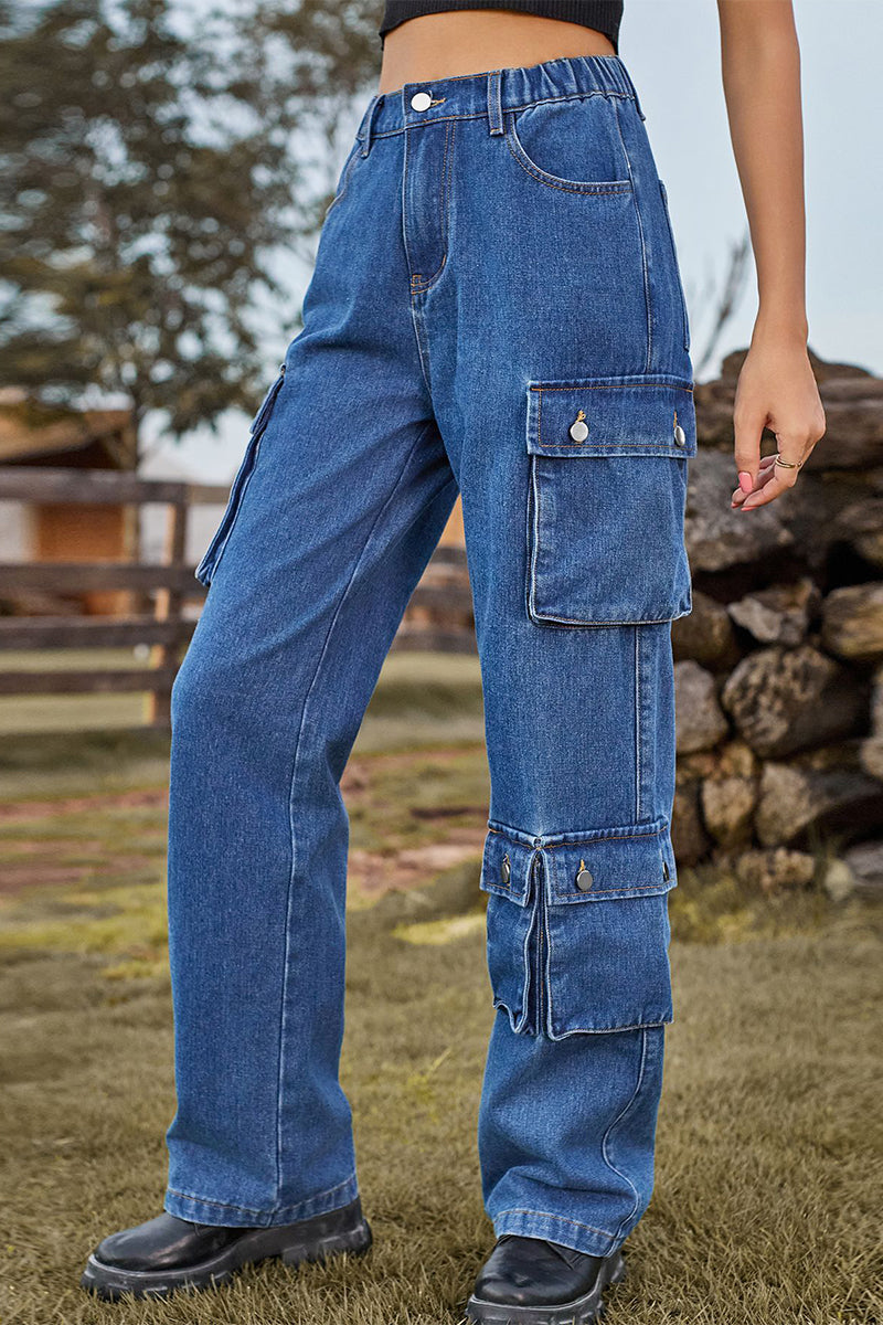 Kaynafashions - Street Solid Pocket Mid Waist Loose Denim Jeans