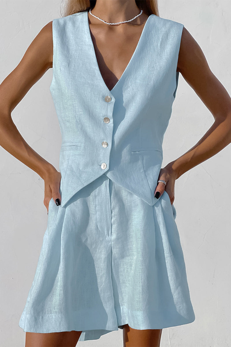 Kaynafashions - Casual Solid Pocket V Neck Sleeveless Two Pieces