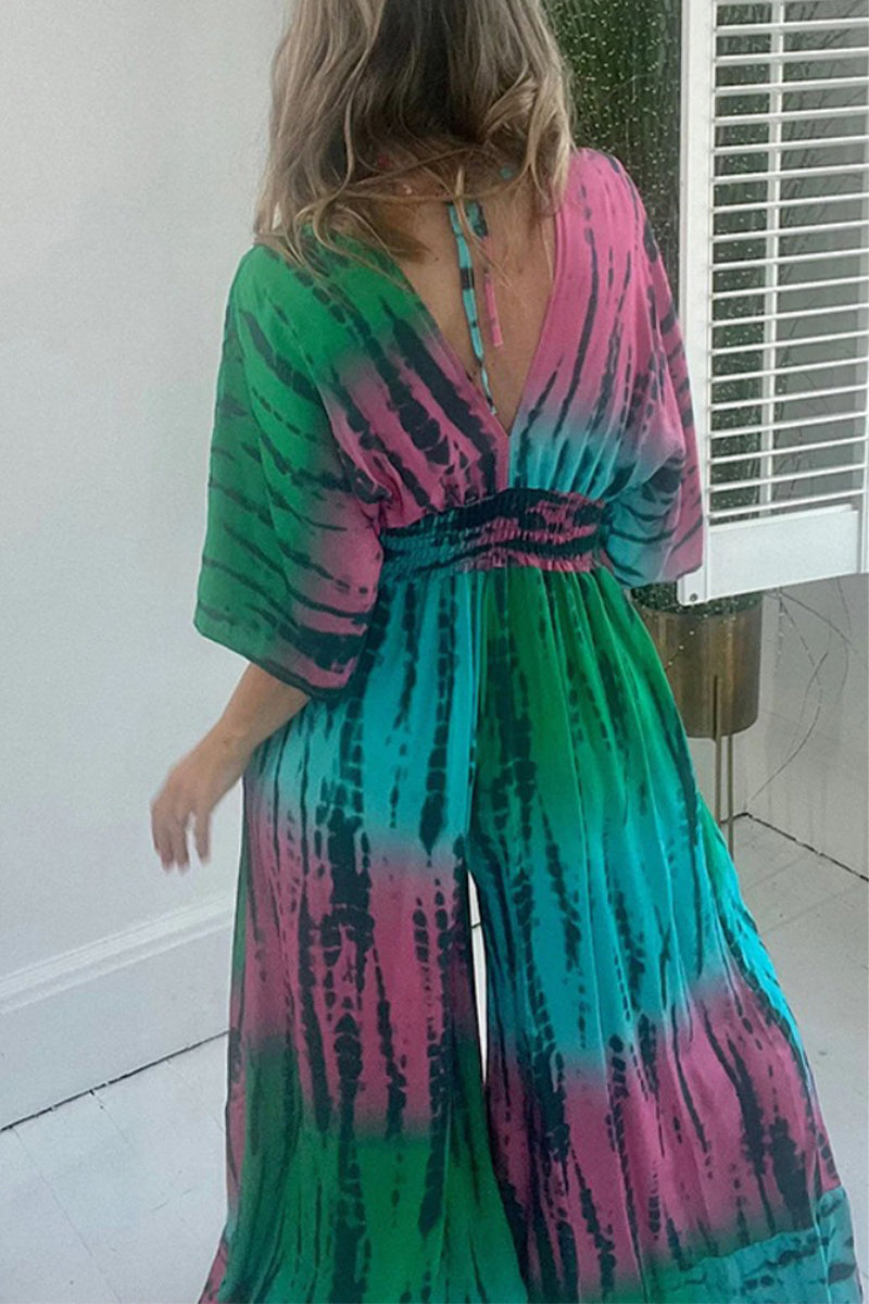 Kaynafashions - Casual Print Pocket V Neck Loose Jumpsuits