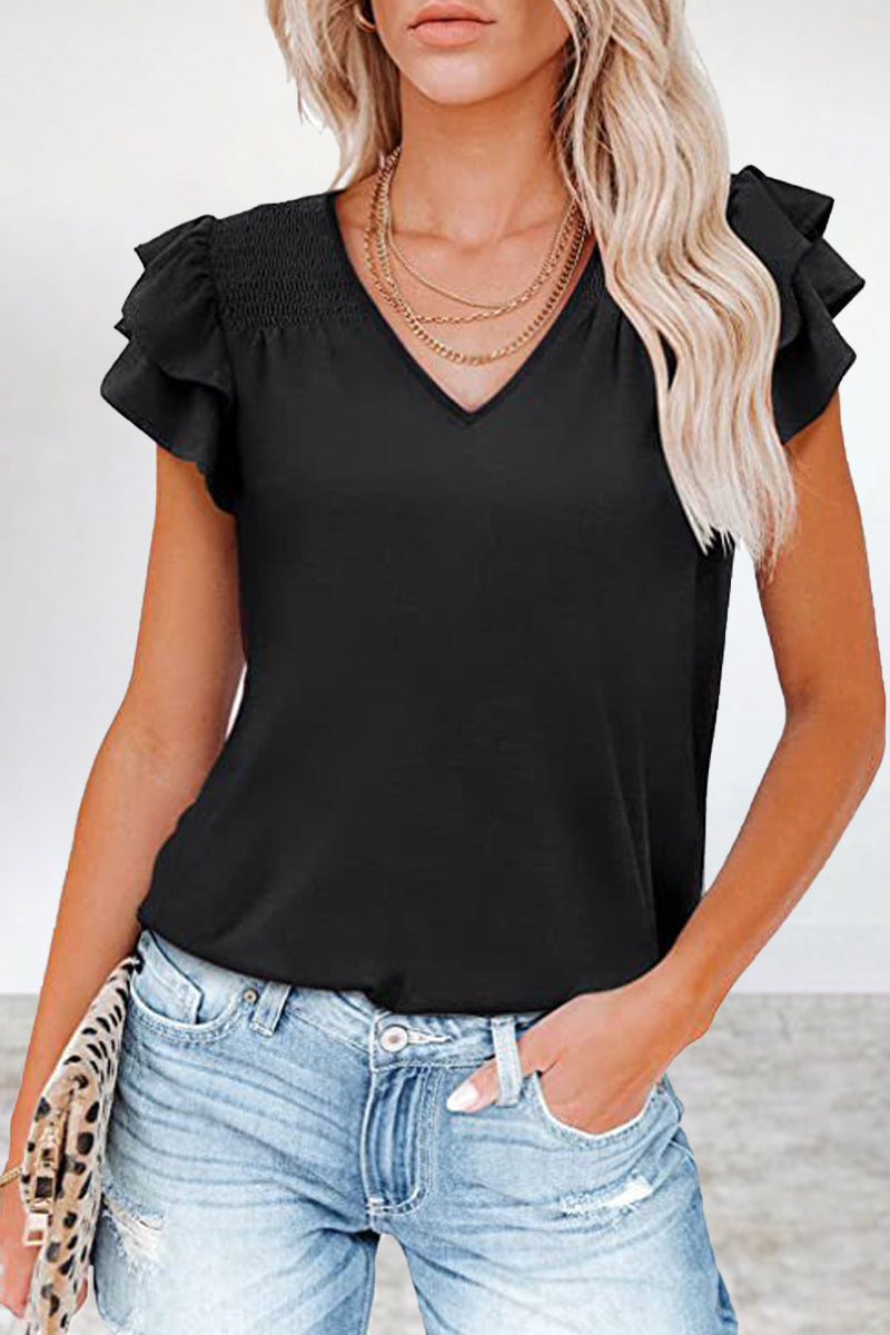 Kaynafashions - Casual Simplicity Solid Flounce V Neck T-Shirts(5 Colors)