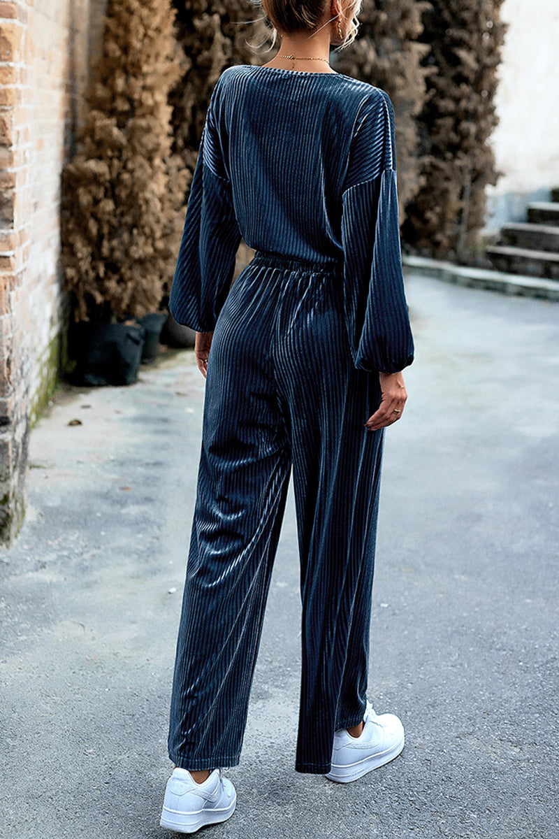 Kaynafashions - Elegant Solid Pocket O Neck Long Sleeve Two Pieces