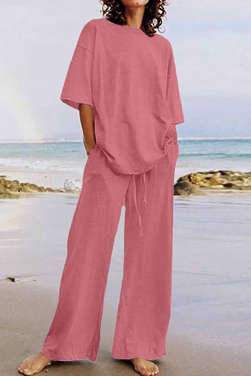 Kaynafashions - Casual Living Solid O Neck Short Sleeve Two Pieces(11 Colors)