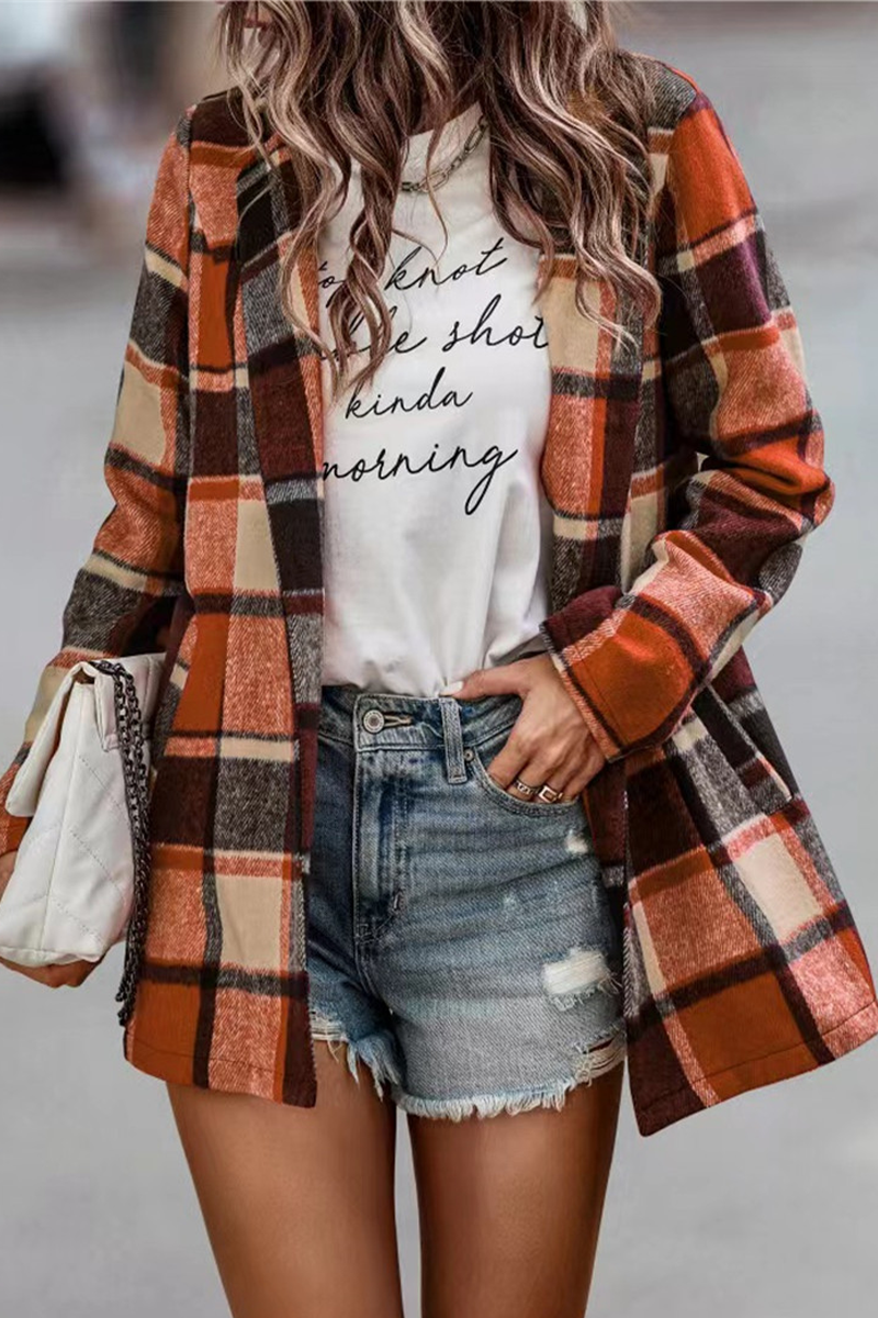 Kaynafashions - Fashion Plaid Patchwork Turndown Collar Outerwear