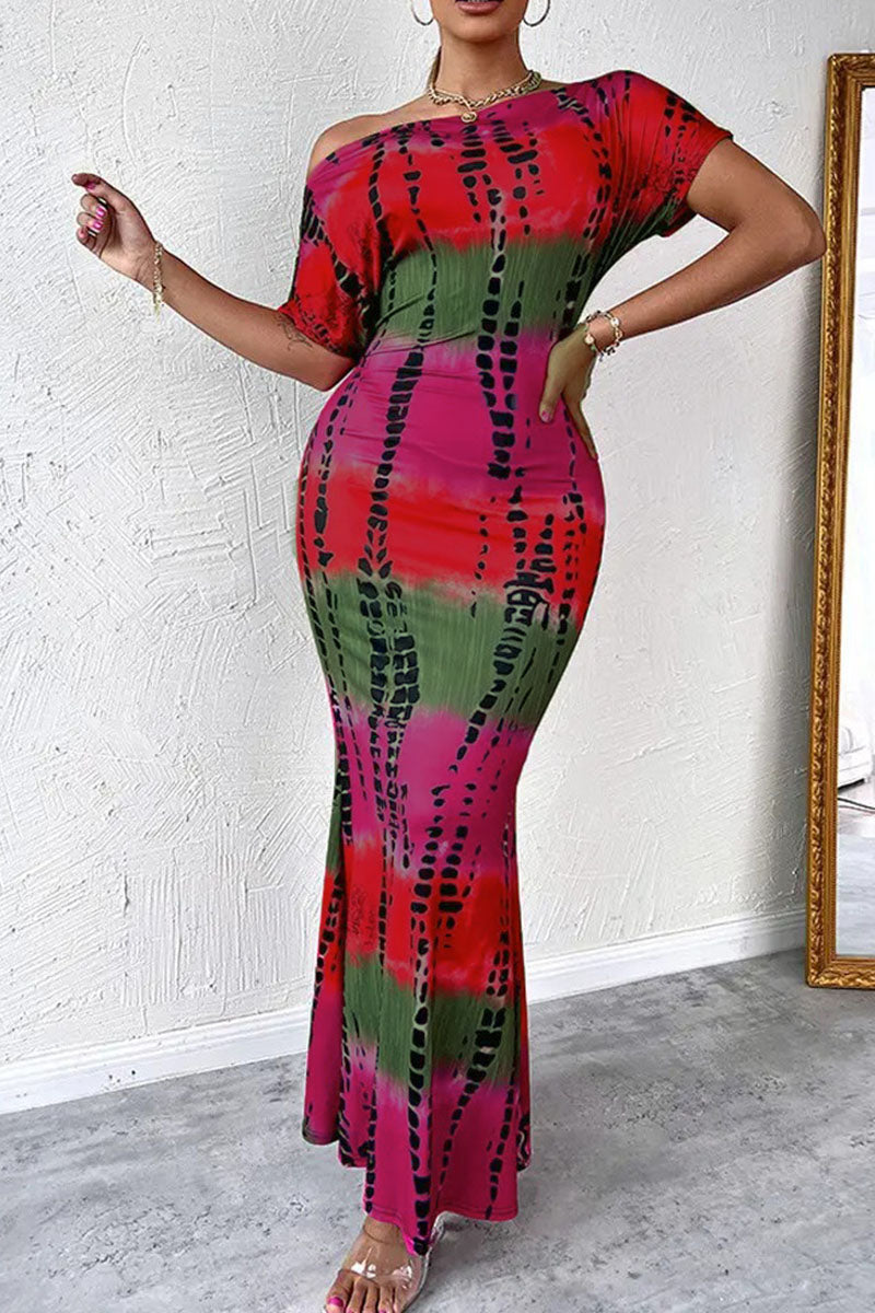 Kaynafashions - Sexy Print Patchwork Oblique Collar Long Dress Dresses