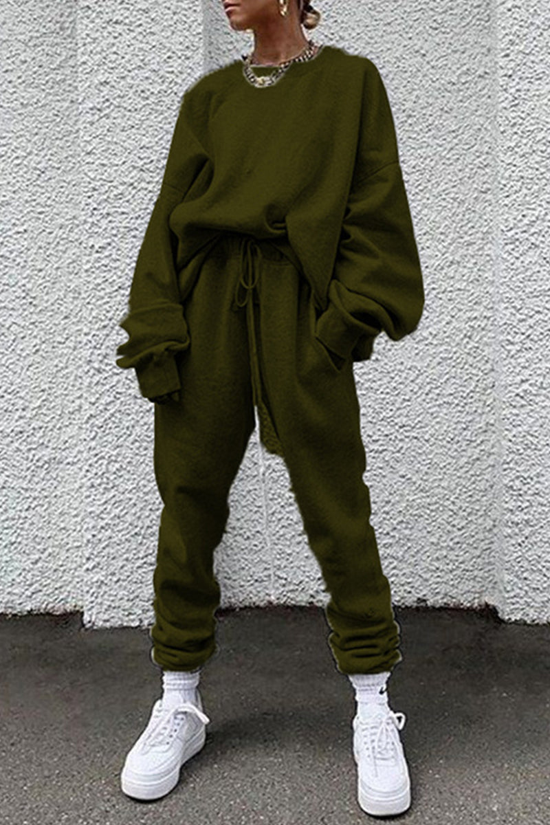 Kaynafashions - Casual Solid Pocket O Neck Long Sleeve Two Pieces