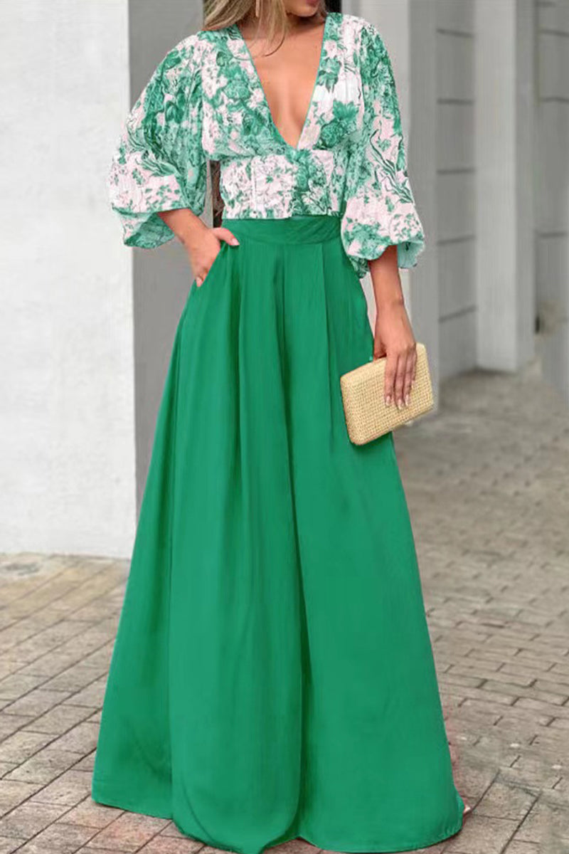 Kaynafashions - Sweet Elegant Print Printing V Neck Three Quarter Two Pieces