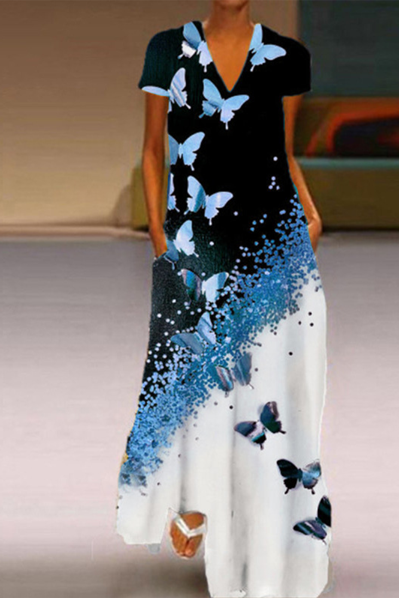 Kaynafashions - Casual Butterfly Print Patchwork V Neck Straight Dresses(5 colors)