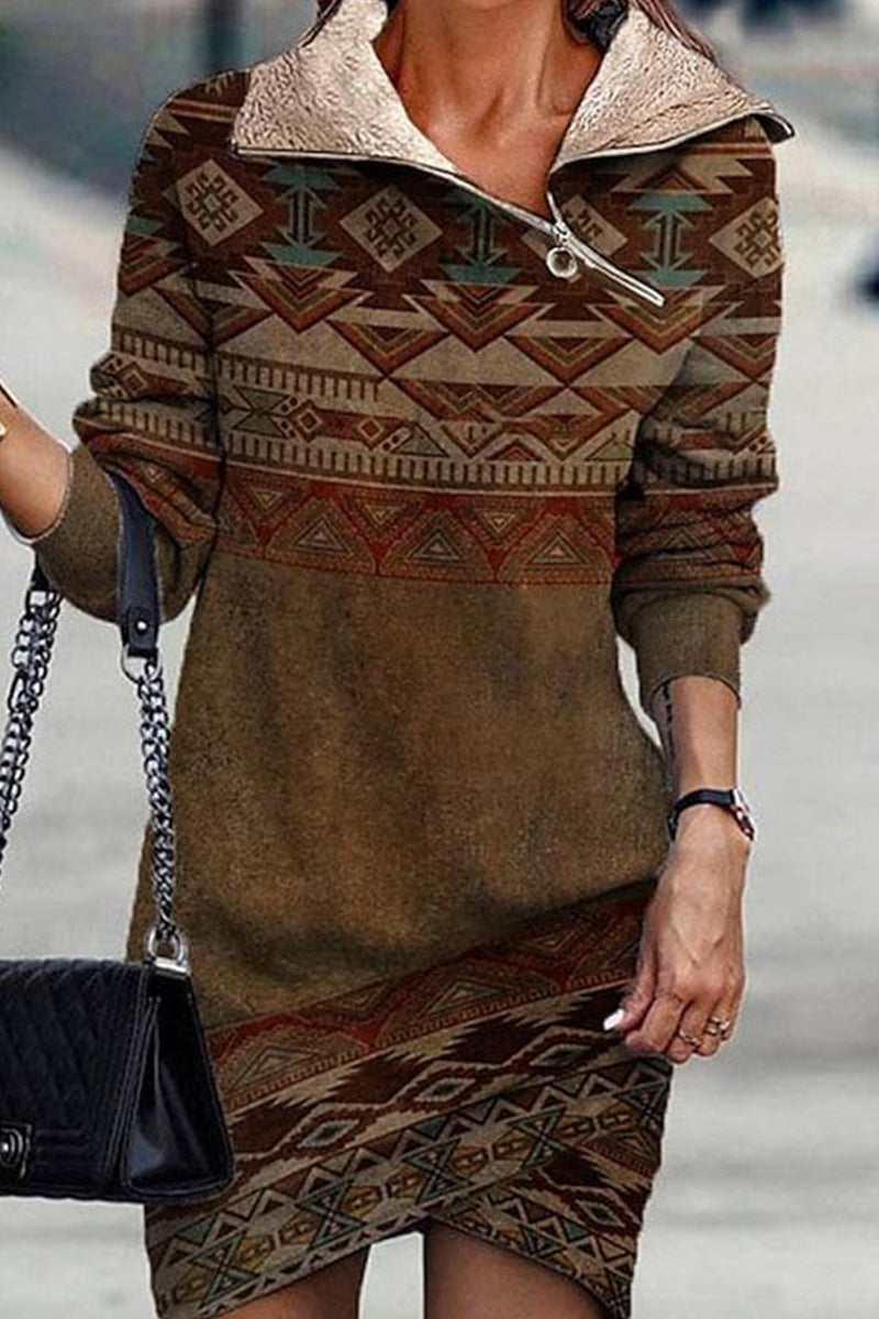 Kaynafashions - Casual Print Patchwork Oblique Collar A Line Dresses