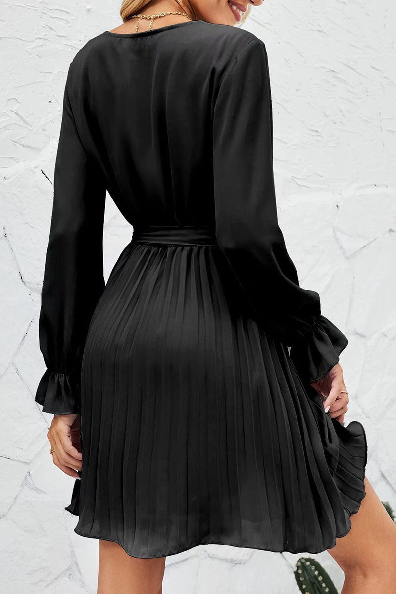 Kaynafashions - Sweet Patchwork Frenulum Fold V Neck Pleated Dresses(5 Colors)